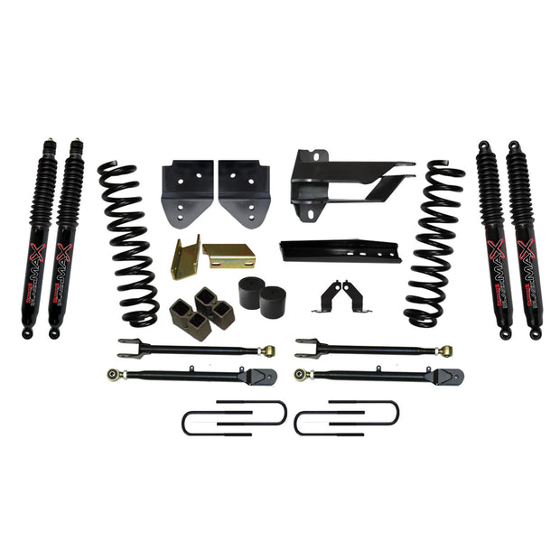 Lift Kit 4 Inch Lift w/Adjustable 4-Links 17-19 Ford F-350 Super Duty Includes Front Coil Springs U-Bolts Bump Stop Spacers Radius Arms Lowering Brackets Black Max 8500 Shocks Skyjacker