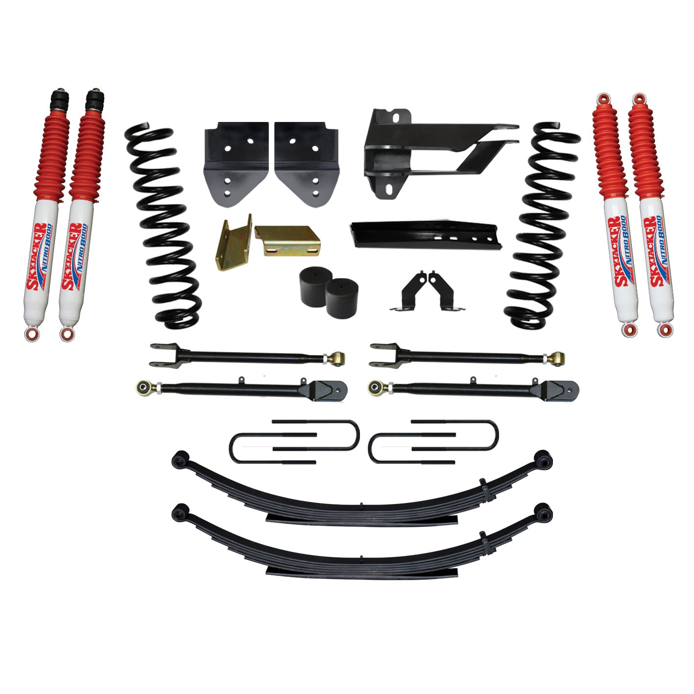 Suspension Lift Kit w/Shock 4 Inch Lift Incl. Front Coil Springs Rear Leaf Springs Adjustable 4-Links Nitro 8000 Shocks 17-19 Ford F-250/ F-350 Super Duty Gas Skyjacker