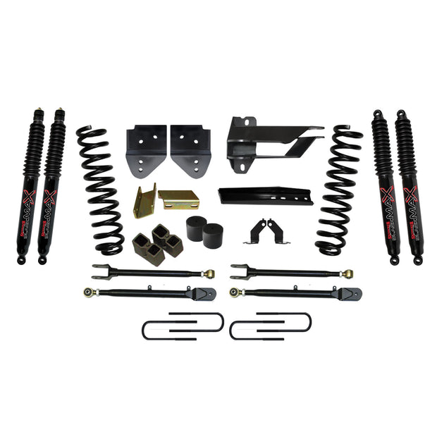 Suspension Lift Kit w/Shock 4 Inch Lift w/Adjustable 4-Links 17-19 Ford F-250 Super Duty Incl. Front Coil Springs U-Bolts Bump Stop Spacers Radius Arms Lowering Brackets Black Max Nitro 8500 Shocks Skyjacker