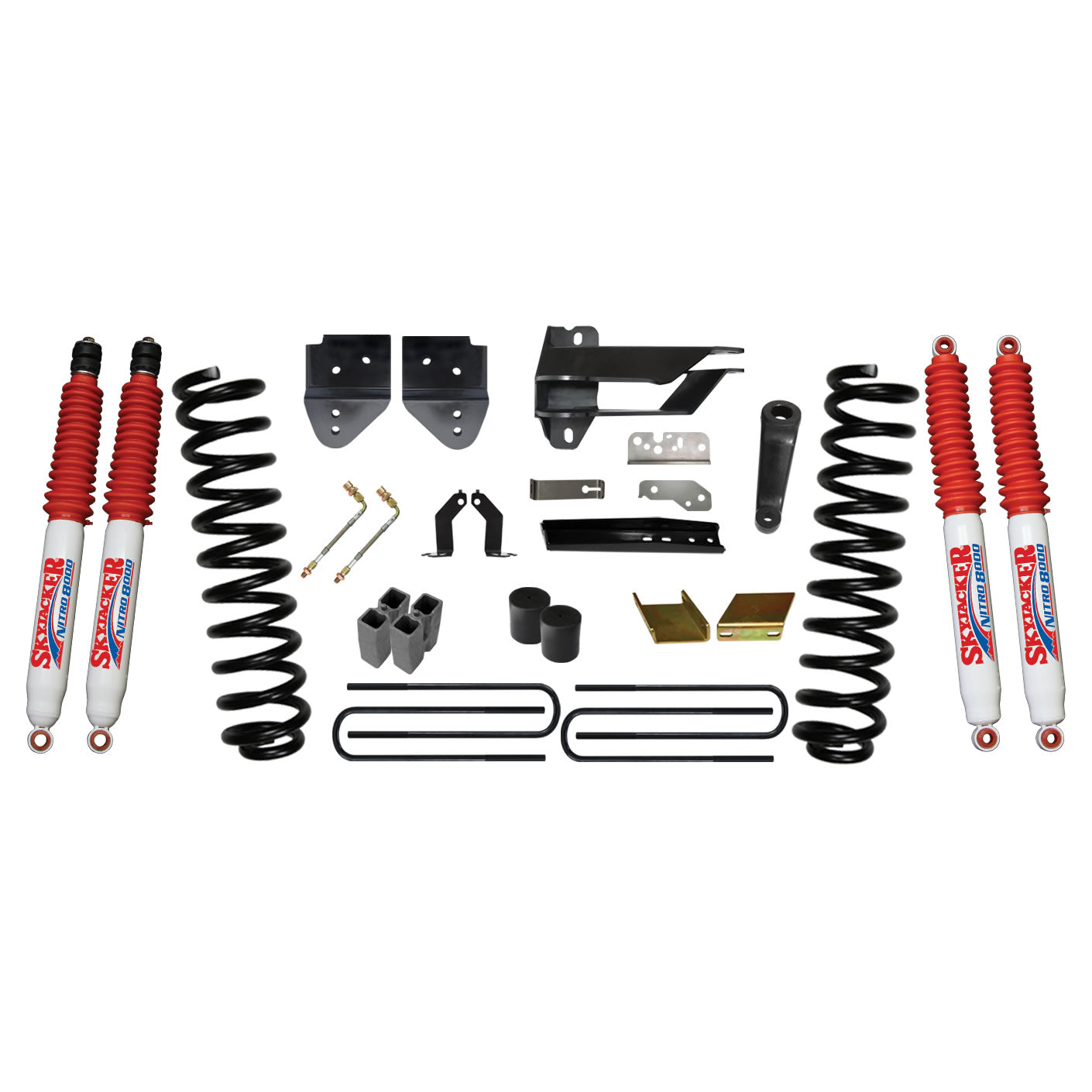 Suspension Lift Kit w/Shock 6 Inch Lift 17-19 Ford F-250 Super Duty Incl. Front Coil Springs Blocks U-bolts Bump Stop Spacers Radius Arm/Sway Bar/Track Bar Relocation Brackets Nitro 8000 Shocks Skyjacker