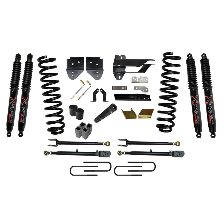 Suspension Lift Kit w/Shock 6 Inch Lift w/Adjustable 4-Links 17-19 Ford F-250 Super Duty Incl. Front Coil Springs U-Bolts Bump Stop Spacers Radius Arms Lowering Brackets Black Max Nitro 8500 Shocks Skyjacker