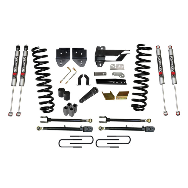 Suspension Lift Kit w/Shock 6 Inch Lift w/Adjustable 4-Links 17-19 Ford F-250 Super Duty Incl. Front Coil Springs U-Bolts Bump Stop Spacers Radius Arms Lowering Brackets M9500 Monotube Shocks Skyjacker