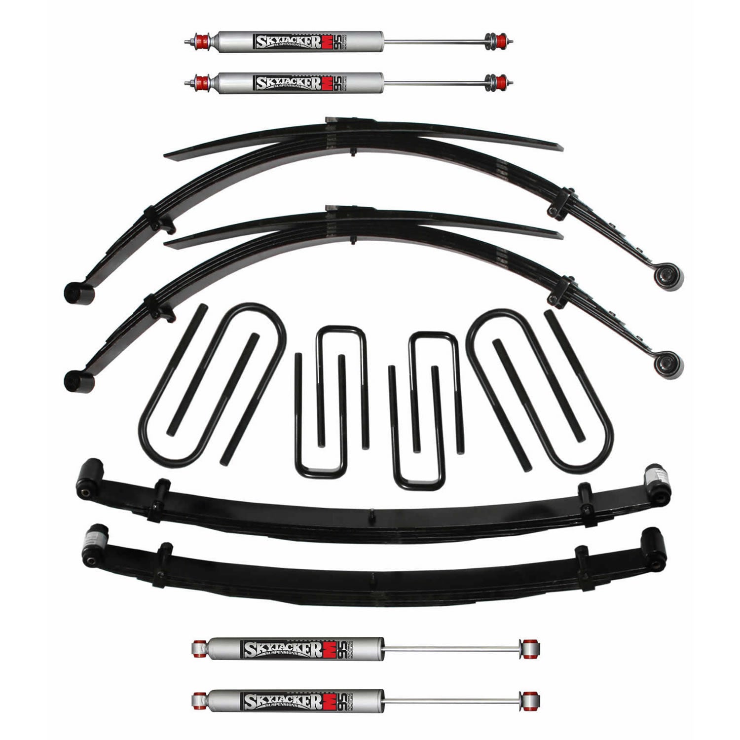 Suspension Lift Kit w/Shock M95 Performance Shocks 4 Inch Lift For Use w/High Boy Incl. Front/Rear Leaf Springs Front/Rear U Bolt Kits Spring Bushing Kit 73-78 Ford F-250 Skyjacker