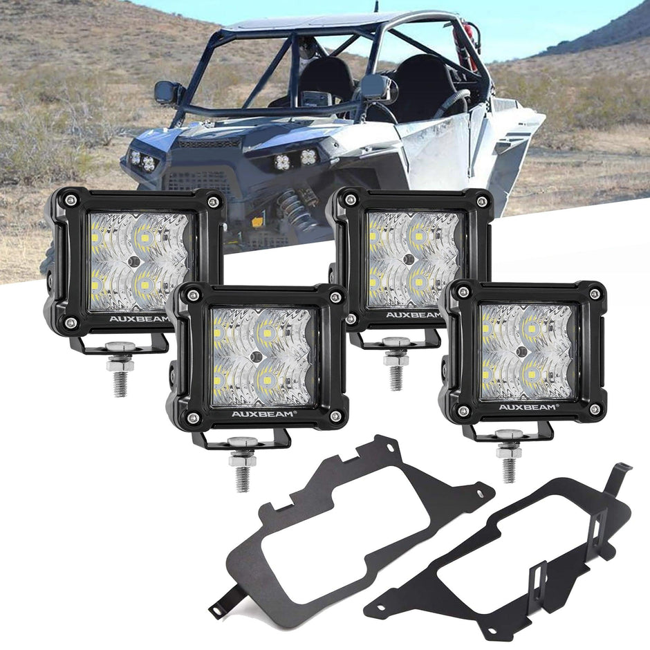 3 Inch LED Pods Light Spot/Flood Beam with Wiring Harness & LED Pod Lights Mounting Brackets Combo for 2014-2021 Polaris RZR 900 1000 ＆ TURBO RI