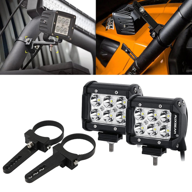 4 inch Classic-SM Series Dual Row LED Pod Lights Flood Beam & 2.5 Inch Bull Bar Roll Cage Clamps Mounting Brackets Combo for Jeep Off-Road SUV ATV UTV Trucks