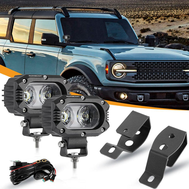 4 Inch 30W Corrugated Lens Flood Beam LED Pods Lights with A-Pillar Mounting Bracket For Ford Bronco 2/4 Door 2021 2022