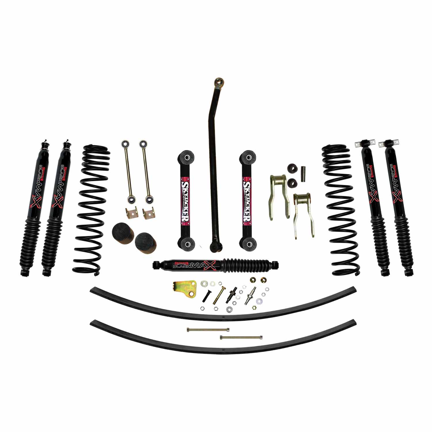 4.5 Inch Suspension Lift Kit 84-01 Cherokee XJ W/Front Dual Rate Long Travel Coil Springs Bump Stop Spacers Front Lower Control Arms Front Sway Bar End Links Front Adjust Track Bar Rear Shackles Rear Add A Leafs Front/Rear Black Max Shocks