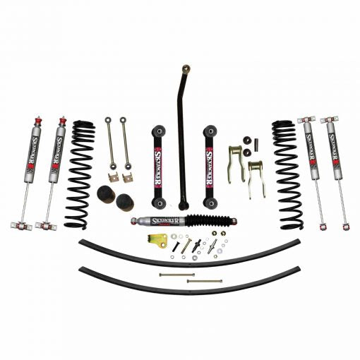 4.5 Inch Suspension Lift Kit 84-01 Cherokee XJ W/Front Dual Rate Long Travel Coil Springs Front Bump Stop Spacers Front Lower Control Arms Front Sway Bar End Links Front Adjust Track Bar Rear Shackles Rear Add A Leafs Front/Rear M95 Mono Shocks Skyjacker