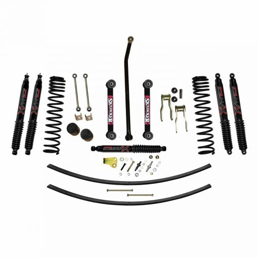 4.5 Inch Suspension Lift Kit 86-92 Comanche MJ W/Front Dual Rate Long Travel Coil Springs Front Bump Stop Spacers Front Lower Control Arms Front Sway Bar End Links Front Adjust Track Bar Rear Shackles Rear Add A Leafs Front/Rear Black Max Shocks Skyjacker