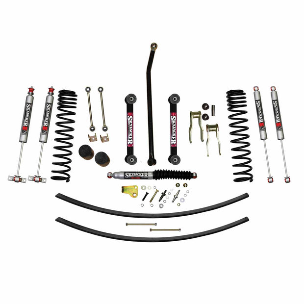 4.5 Inch Suspension Lift Kit 86-92 Comanche MJ W/Front Dual Rate Long Travel Coil Springs Front Bump Stop Spacers Front Lower Control Arms Front Sway Bar End Links Front Adjust Track Bar Rear Shackles Rear Add A Leafs Front/Rear M95 Mono Shocks Skyjacker