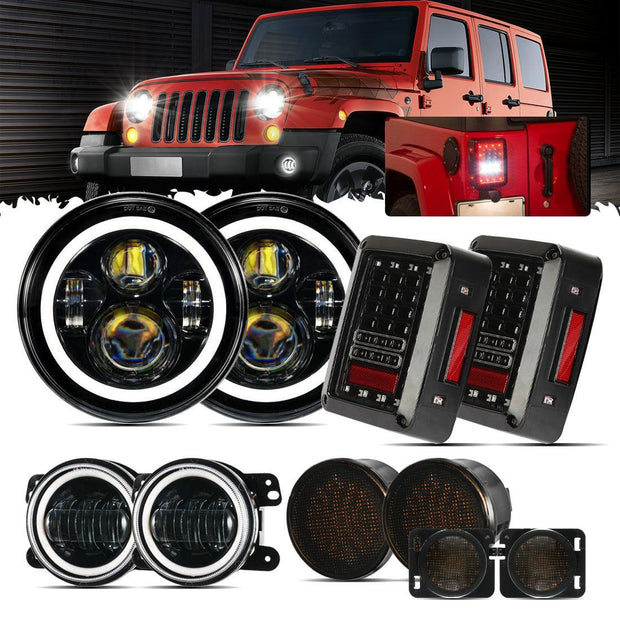 7'' LED Halo Headlights & 4'' 30W LED Fog Lights With White DRL with Amber Turn Signal For Jeep Wrangler2007-2018 JK