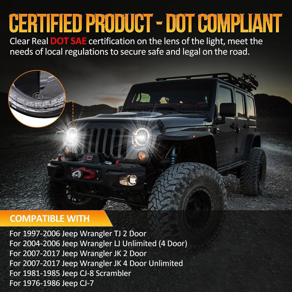 (2PCS/SET) 7 INCH 90W DOT APPROVED LED HEADLIGHTS WITH HALO RING DRL & HIGH LOW BEAM FOR JEEP WRANGLER JK TJ LJ CJ