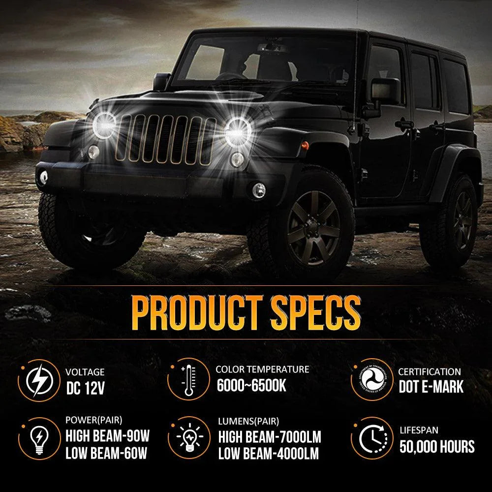 (2PCS/SET) 7 INCH 90W DOT APPROVED LED HEADLIGHTS WITH HALO RING DRL & HIGH LOW BEAM FOR JEEP WRANGLER JK TJ LJ CJ