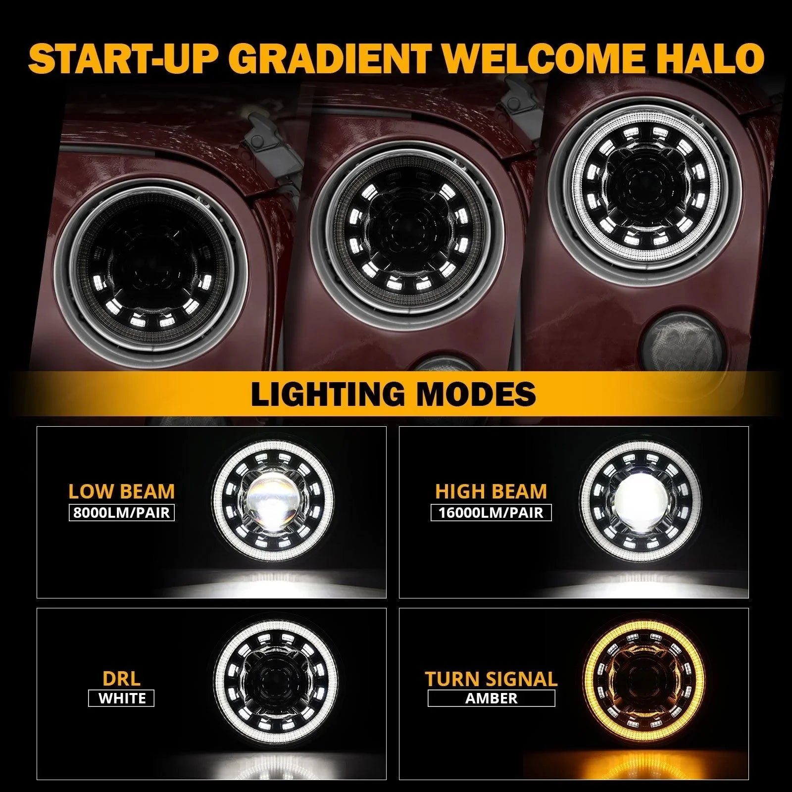 (2pcs/set)Starlight Flow Series 7 Inch 135W DOT Approved LED Headlights with DRL&Turn Signal High Low Beam for Jeep Wrangler JK TJ LJ CJ Land Rover Defender 90 1997-Black