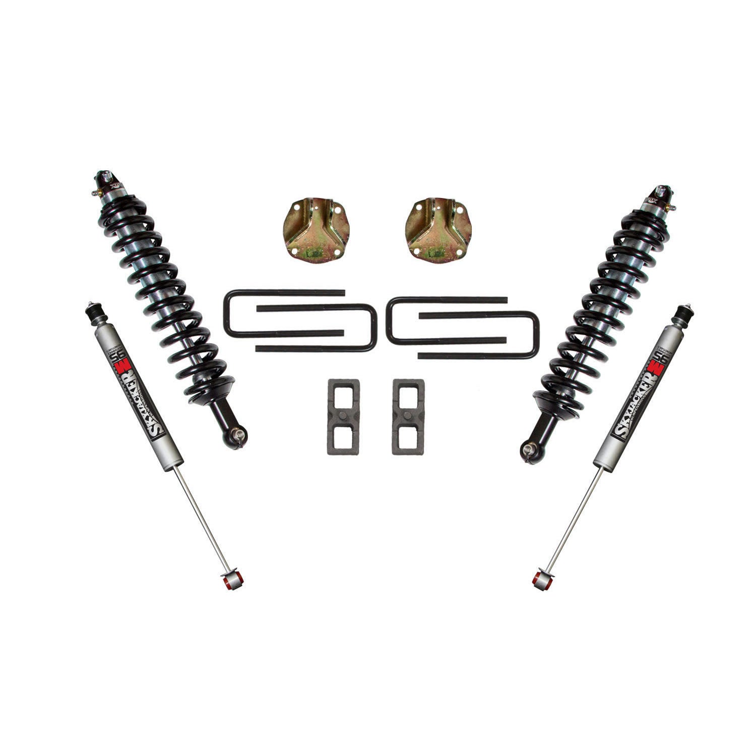 Suspension Lift Kit w/Shock 3 Inch Lift 07-19 Toyota Tundra Incl. Front Coil Over Shocks Front Coil Springs Upper Coil-Over Shock Brackets Lift Blocks U-Bolts Rear M95 Monotube Shocks Skyjacker