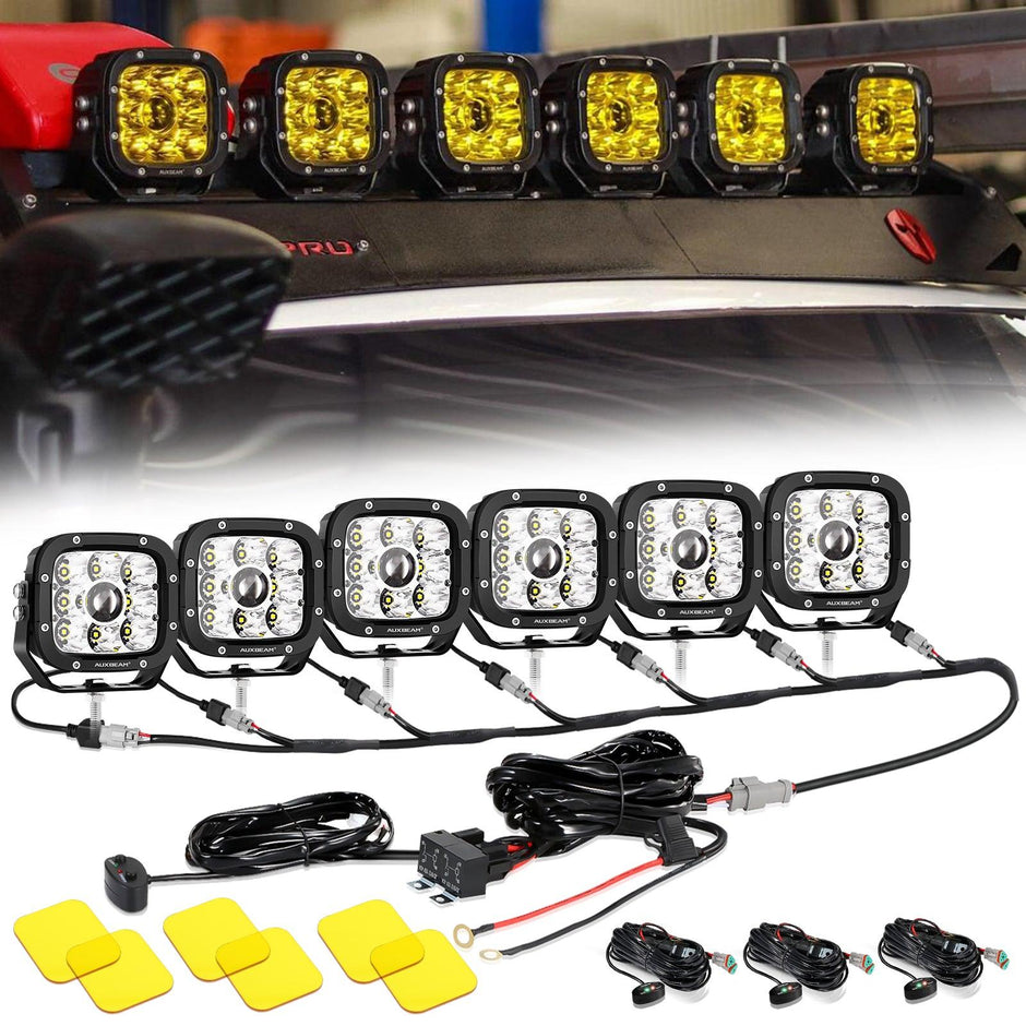 6Pcs 5 Inch 110W White/Amber LED Pods Lights with Power Harness