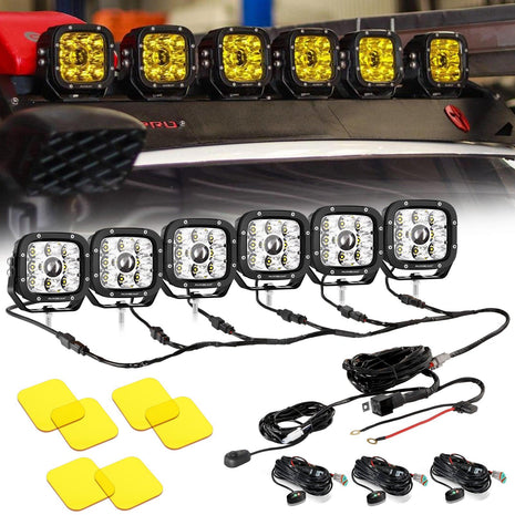 6Pcs 5 Inch 110W White/Amber LED Pods Lights with Power Harness