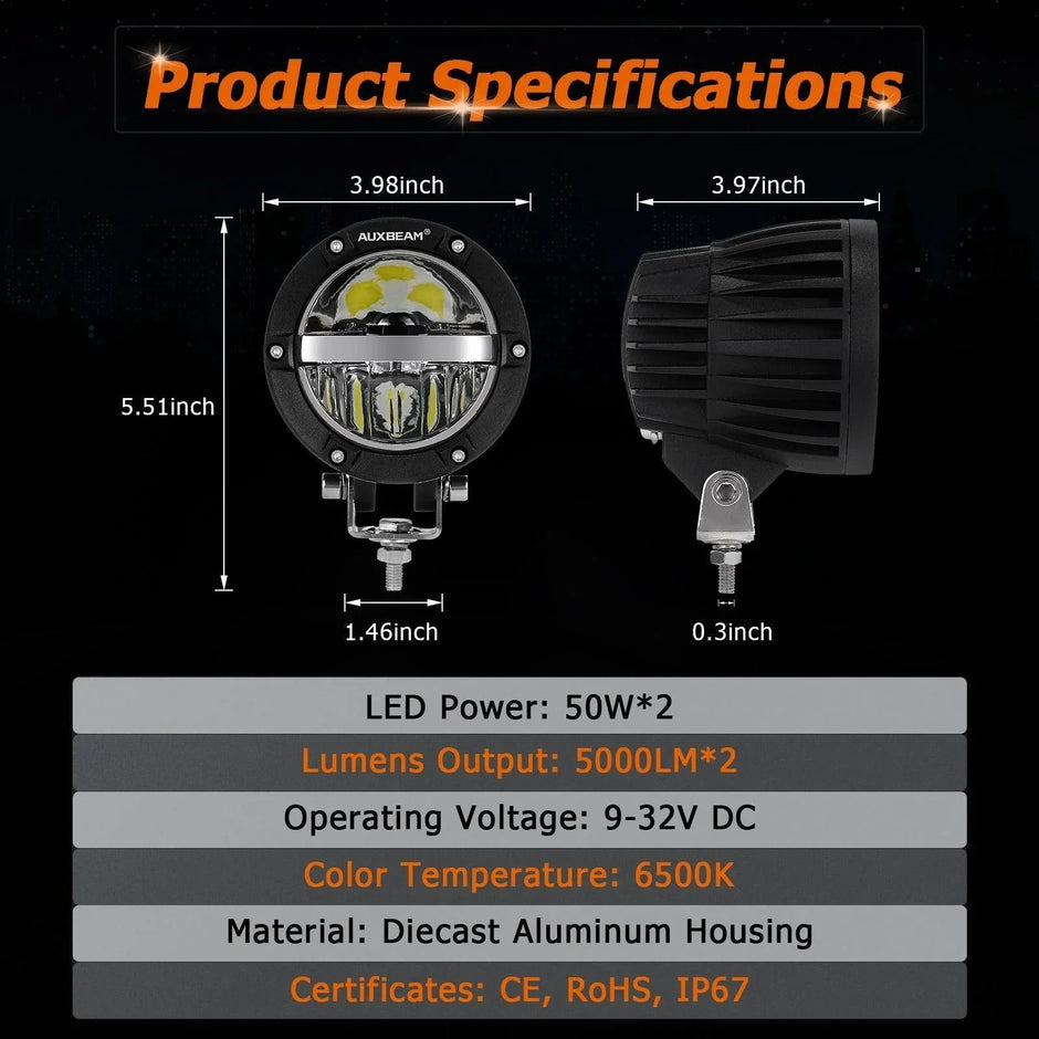 C4 Series | 4 Inch 100W Round Offroad LED Driving Lights Combo Beam