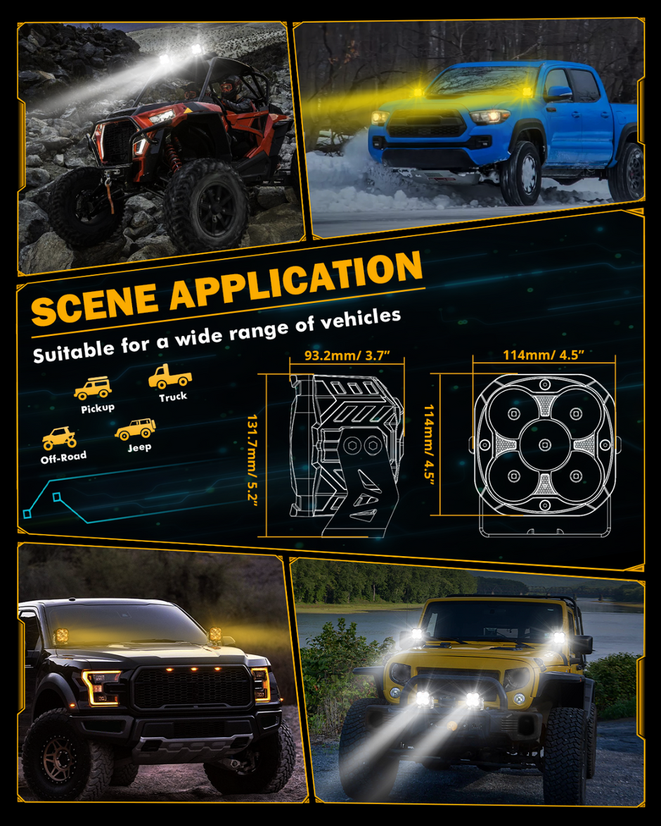 XP-ULTRA Series 4.5 Inch 128W 15200LM Spot Beam LED Pod Lights Off Road Lights with Amber DRL