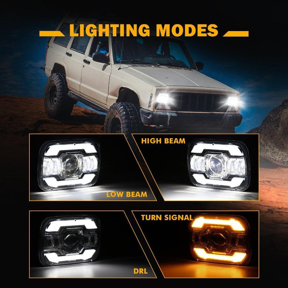 (2pcs/set)Starlight Flow Series 7x6 Inch Sealed Beam LED Headlights with Hi-Lo Beam & Amber Turn Signal White DRL for JEEP, Trucks, GMC, Chevrolet-Black
