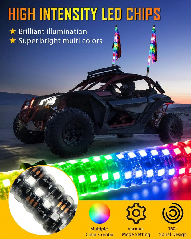 2.8 FT New LED RGB Whip Lights with Turn Signal & Brake Light, Bluetooth APP/ Remote Control
