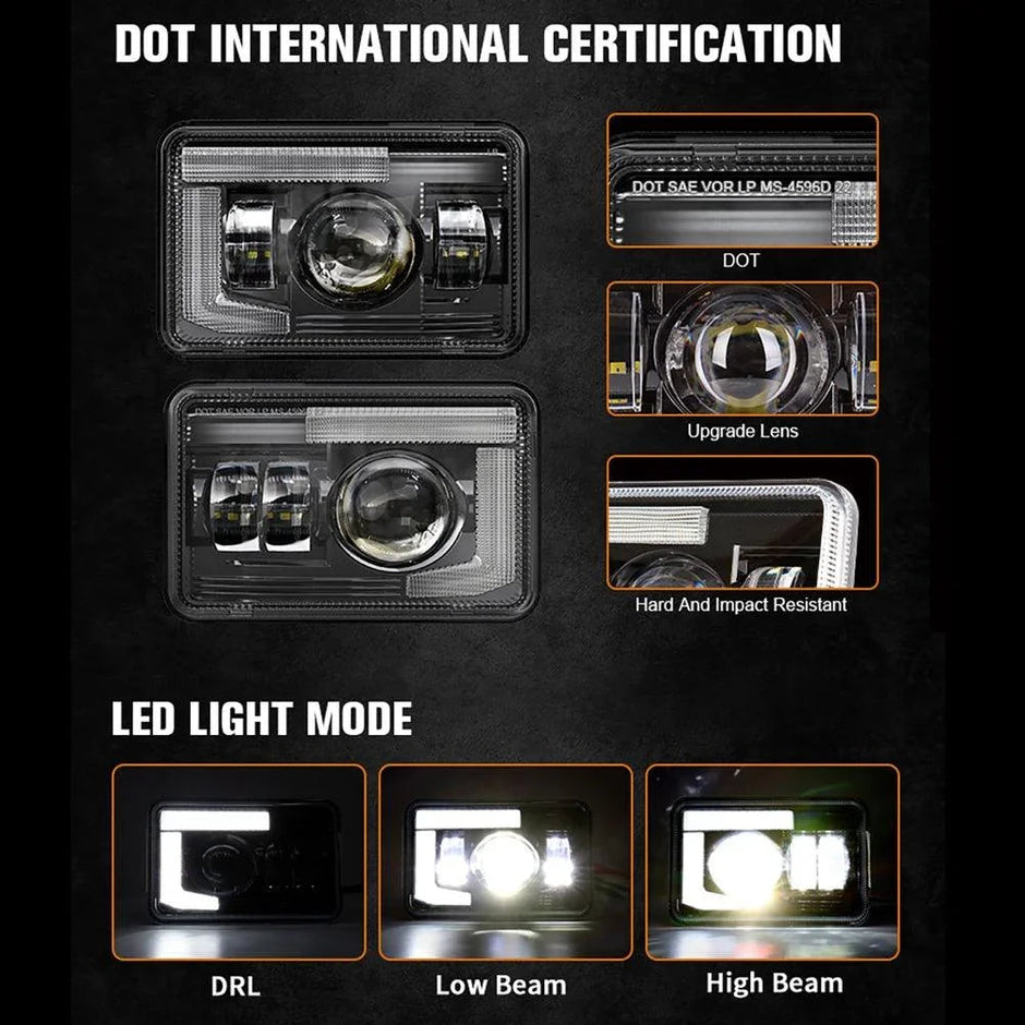 (4pcs/set)4x6 Inch DOT Sealed Beam LED Headlights with DRL For Peterbilt Kenworth Freightinger Ford Chevrolet