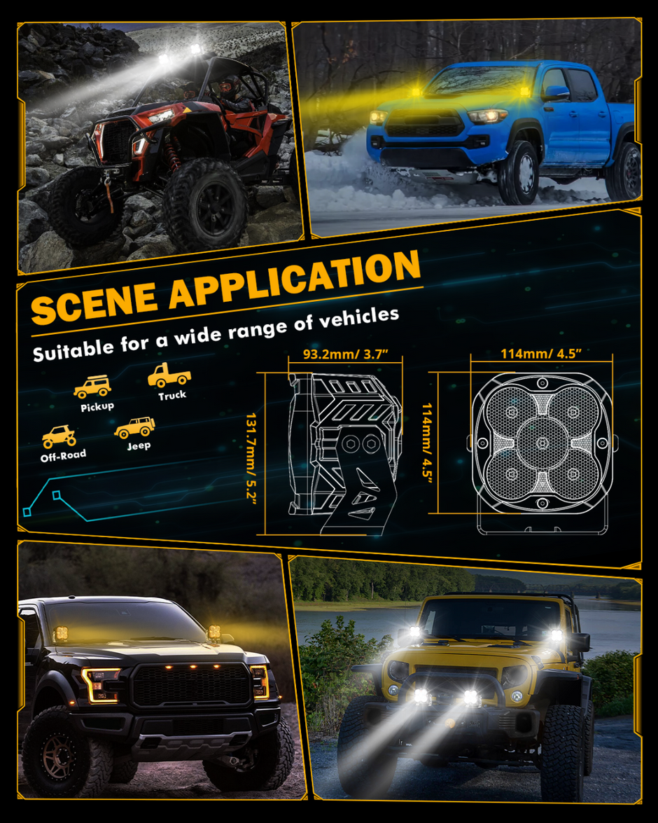 XP-ULTRA Series 4.5 Inch Flood Beam LED Pod Lights Off Road Lights with Amber DRL