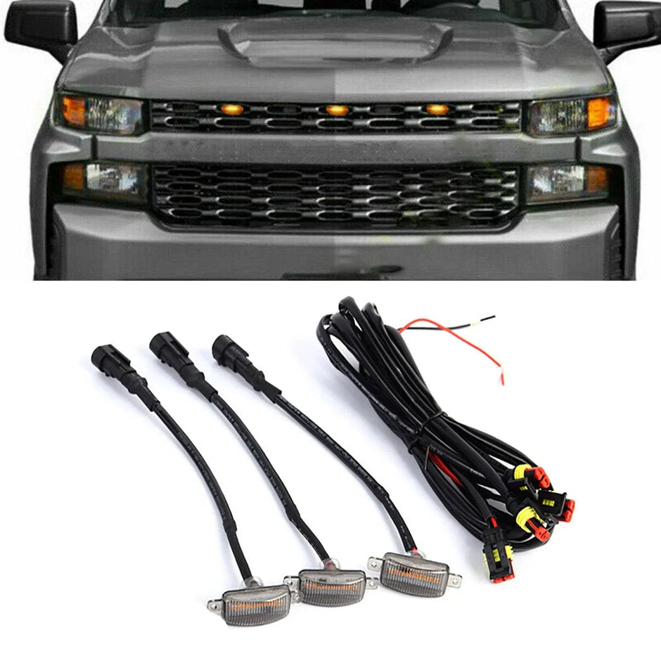 (3pcs/set) LED Front Grille Lights Raptor Style Amber Light Fit for Chevrolet Silverado 1500 2016-2021-Smoked shell