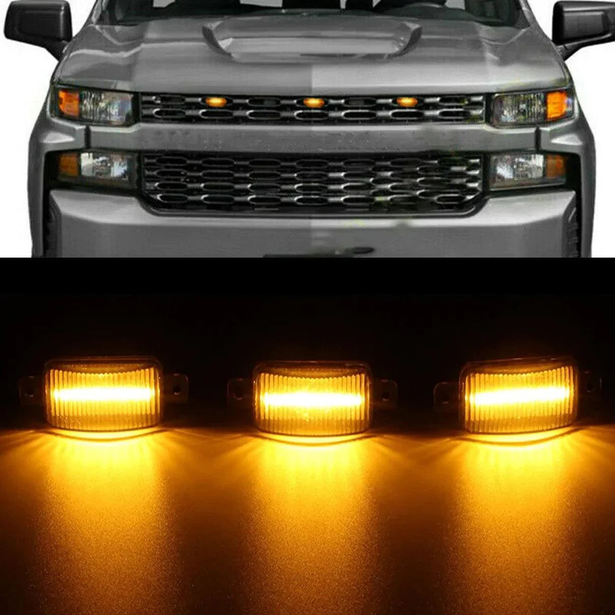3pcs/set) LED Front Grille Lights Raptor Style Amber Light Fit for Chevrolet Silverado 1500 2016-2021 Amber shell