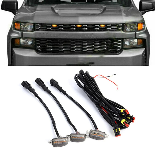 (3pcs/set) LED Front Grille Lights Raptor Style Amber Light Fit for Chevrolet Silverado 1500 2016-2021-Smoked shell
