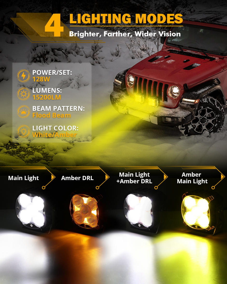 XP-ULTRA Series 4.5 Inch Flood Beam LED Pod Lights Off Road Lights with Amber DRL