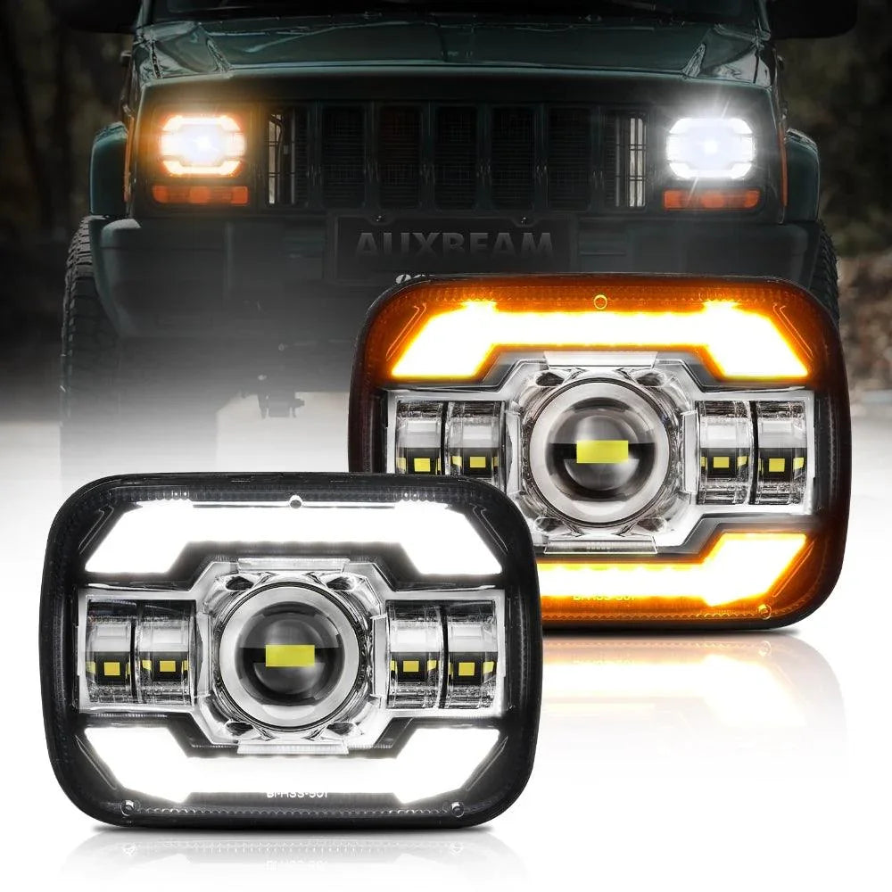 (2pcs/set)Starlight Flow Series 7x6 Inch Sealed Beam LED Headlights with Hi-Lo Beam & Amber Turn Signal White DRL for JEEP, Trucks, GMC, Chevrolet-Silver