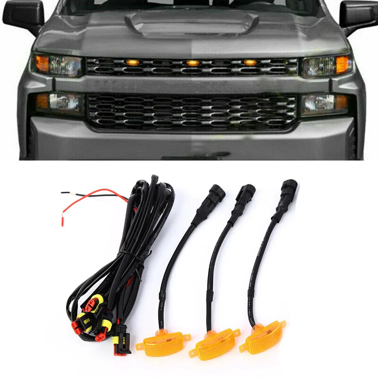 3pcs/set) LED Front Grille Lights Raptor Style Amber Light Fit for Chevrolet Silverado 1500 2016-2021 Amber shell