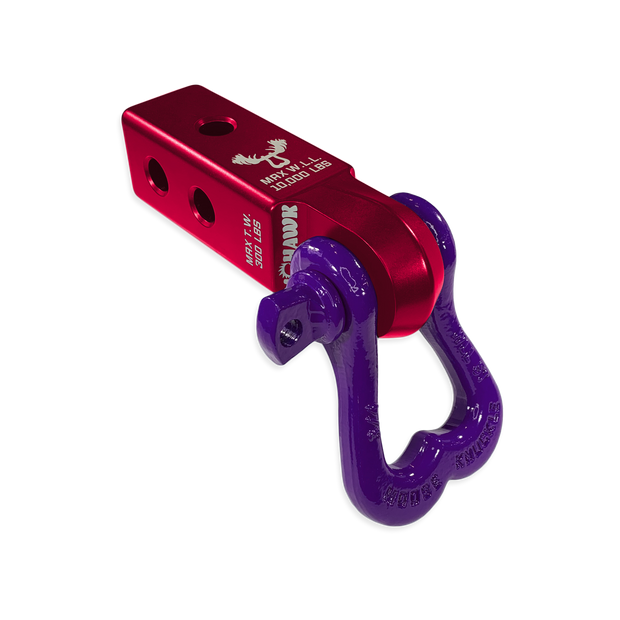Moose Knuckle Offroad XL Grape Escape Purple D-Ring Shackle and Red Rum Mohawk 2.0 Shackle Receiver Combo for off-road vehicle recovery and towing.