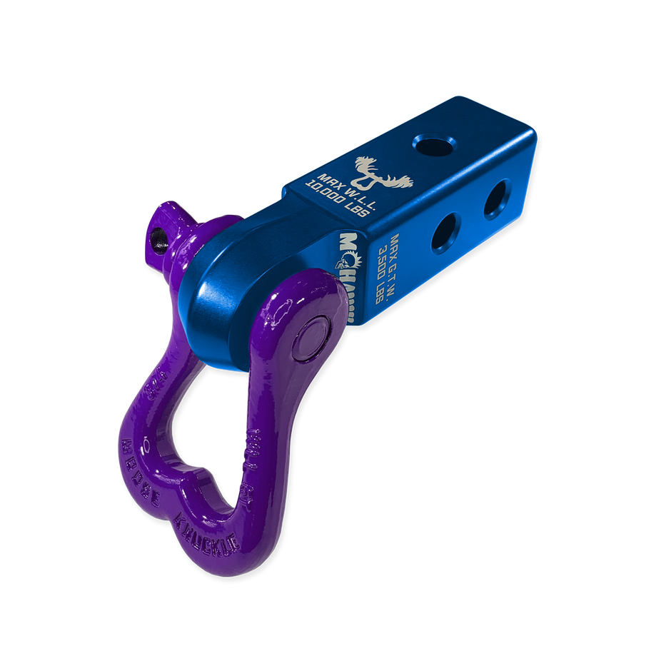 Moose Knuckle Offroad XL Grape Escape 3/4" Purple D-Ring Shackle and Blue Pill Mohawk 2.0 Shackle Receiver Combo for off-roading vehicle recovery and towing.