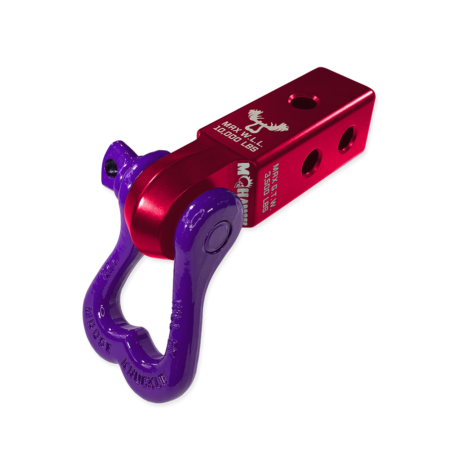 Moose Knuckle Offroad XL Grape Escape 3/4" Purple D-Ring Shackle and Red Rum Mohawk 2.0 Shackle Receiver Combo for off-road vehicle recovery and towing. 